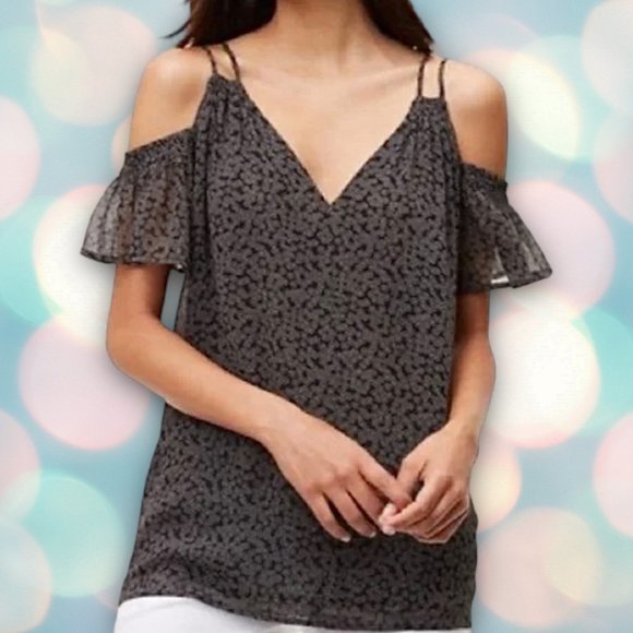 Ann Taylor LOFT Women’s Chiffon Pattern Cold Shoulder Blouse Top Size S - Picture 1 of 6